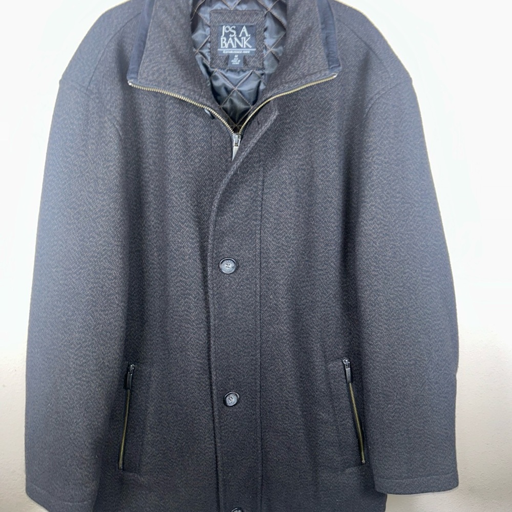 Luxury Jos A Bank Mens Medium Overcoat Wool Blend Black /Brown Jacket Lined